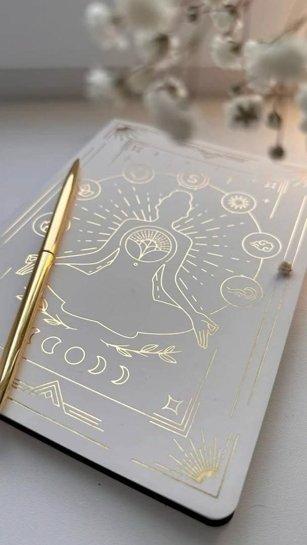 Caderno com símbolos e fases da lua para estudos e práticas de consciência